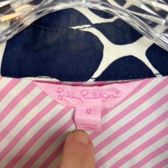 Lilly Pulitzer Dade Shirt Dress 12 Blue White Animal Print Short Sleeve Flaw - Picture 7 of 13